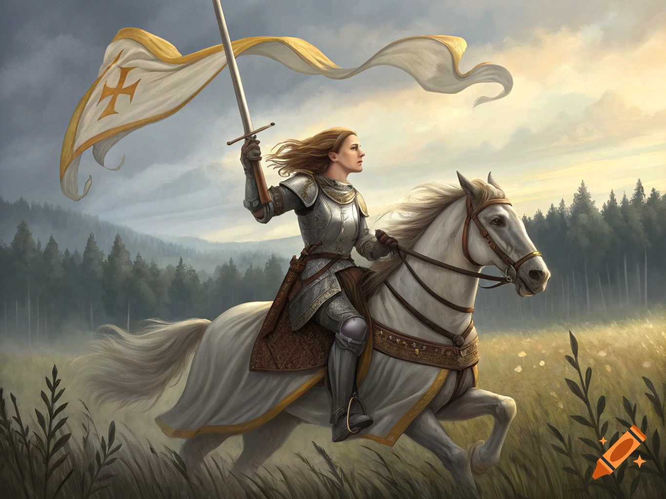 Woman in armor on white horse holding flag and sword in a field