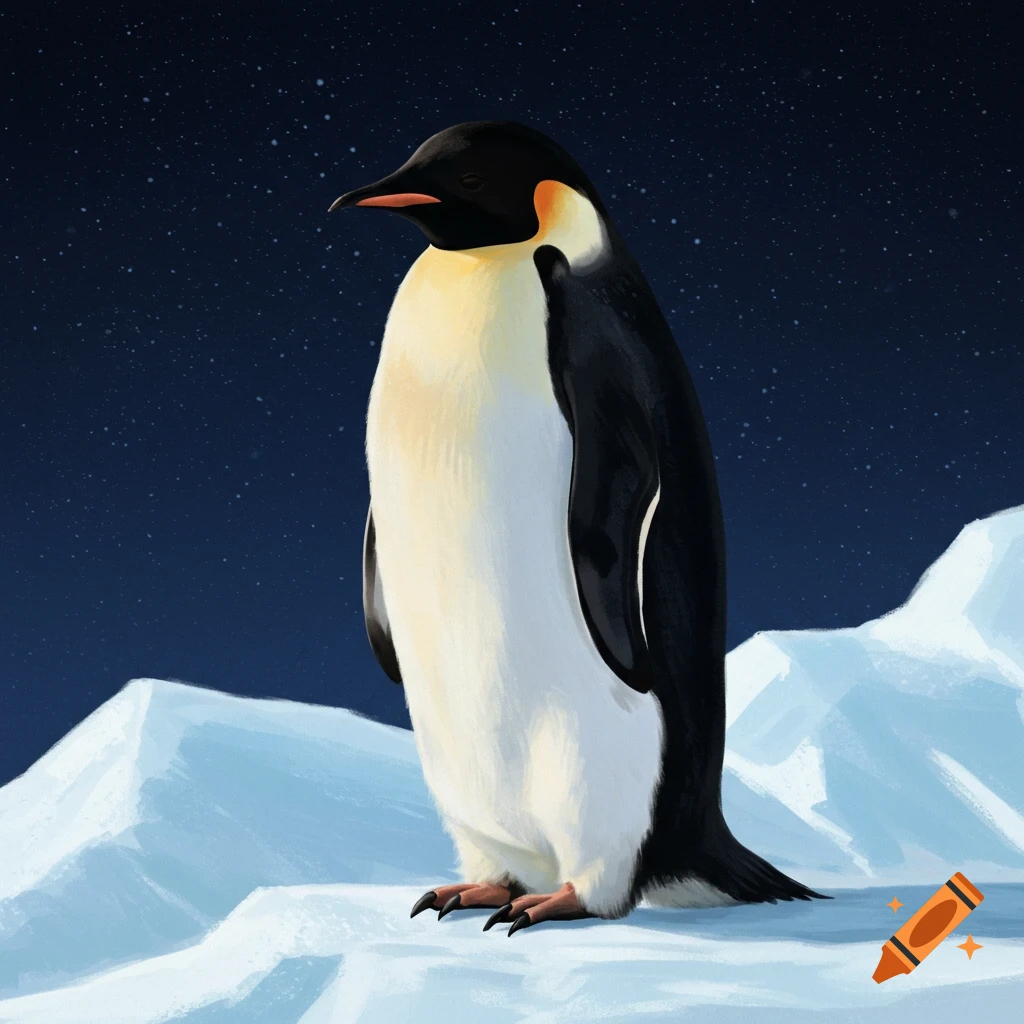 A digital painting of an emperor penguin standing on ice under a starry night sky.