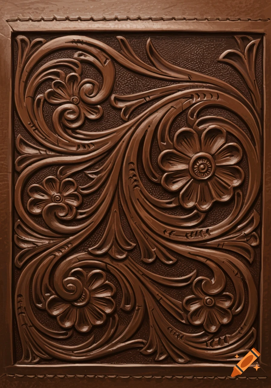 Detailed brown leather carving with intricate floral and vine patterns.