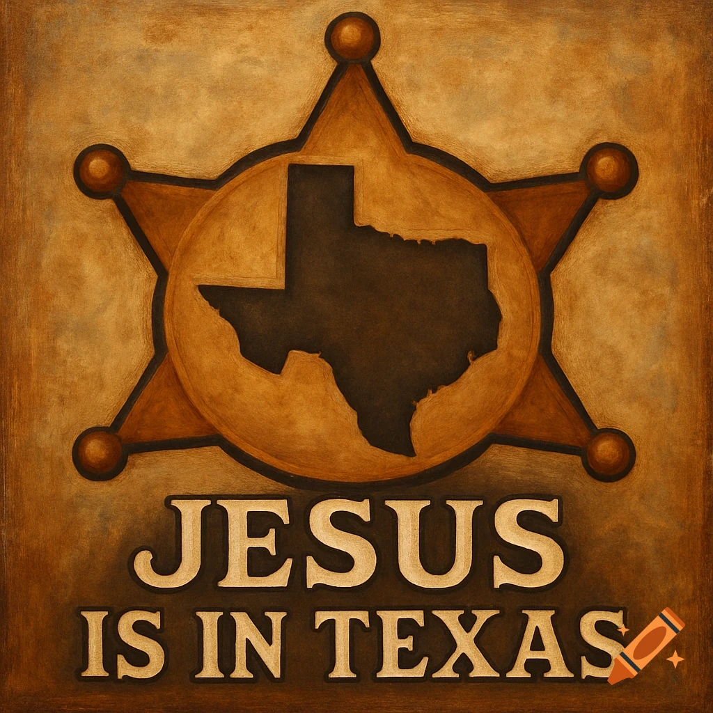 A sheriff's star badge with the outline of Texas inside, above the text "JESUS IS IN TEXAS" on a textured background.