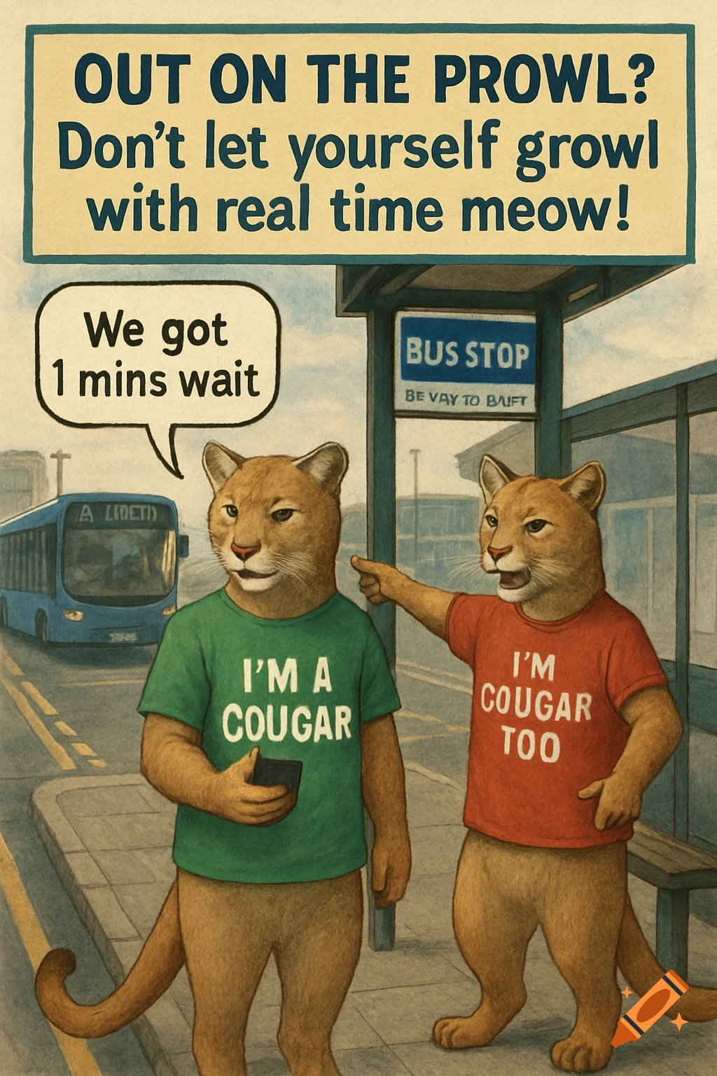 Illustration of two anthropomorphic cougars at a bus stop with text bubbles and signs.