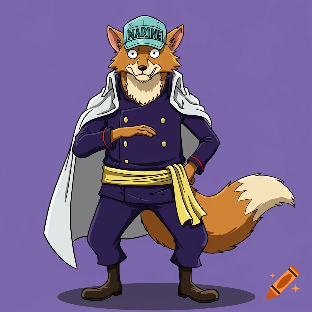 An anthropomorphic fox in a navy blue marine uniform and white cape.