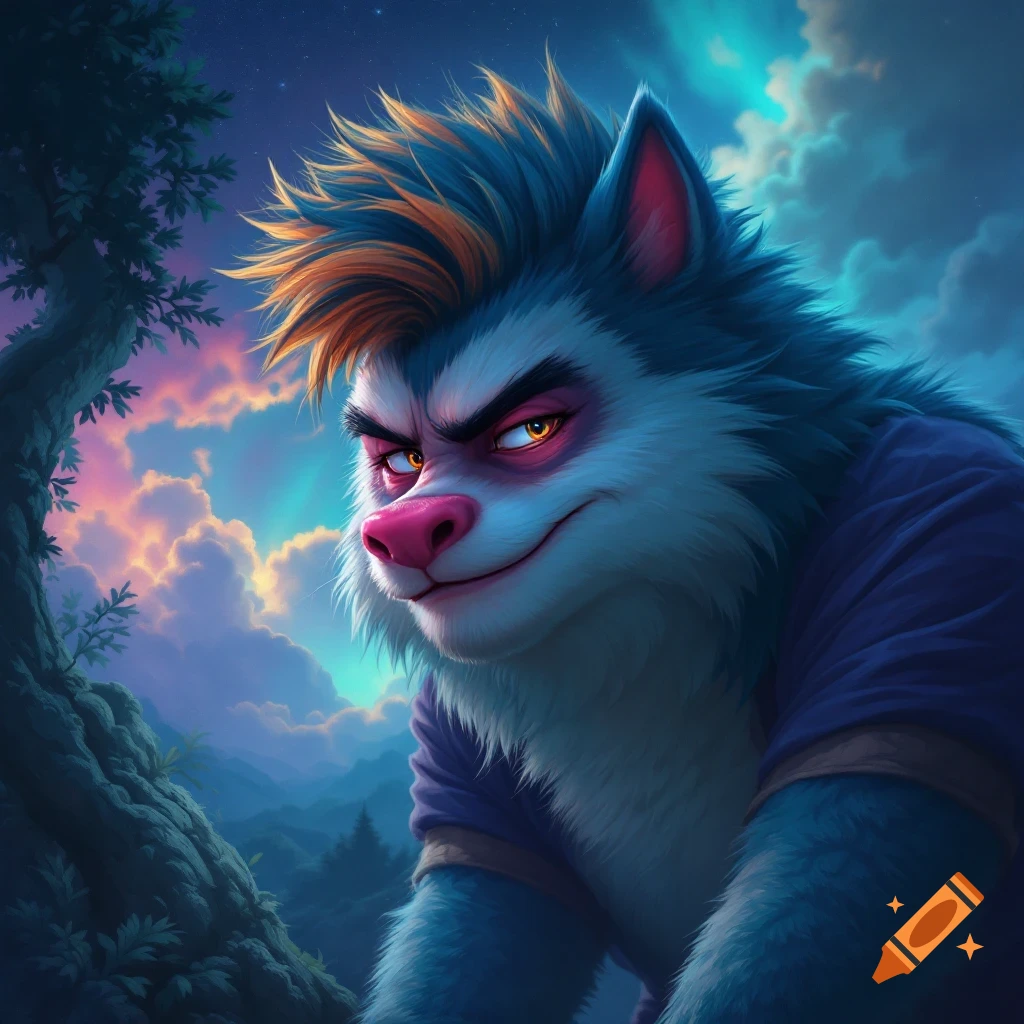 Close-up portrait of a smirking furry wolf character in a fantasy forest and sky scene.