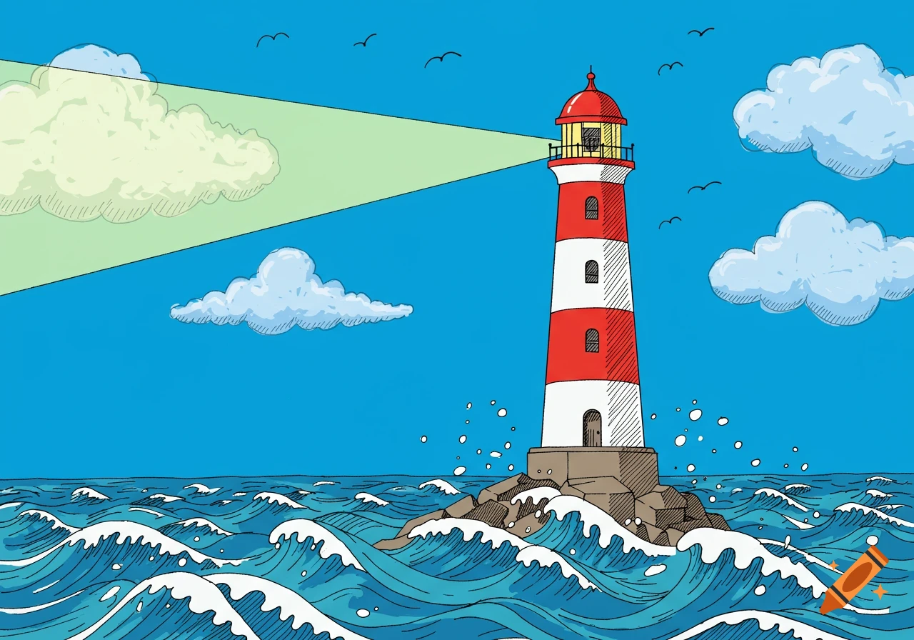 Illustration of a red and white striped lighthouse on rocks in the ocean with waves, clouds, and birds.