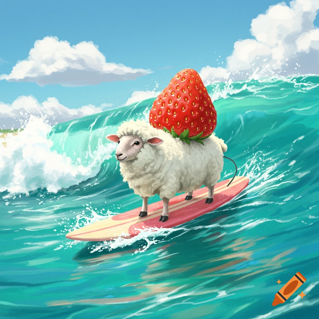 A sheep with a giant strawberry on its back surfs a wave.