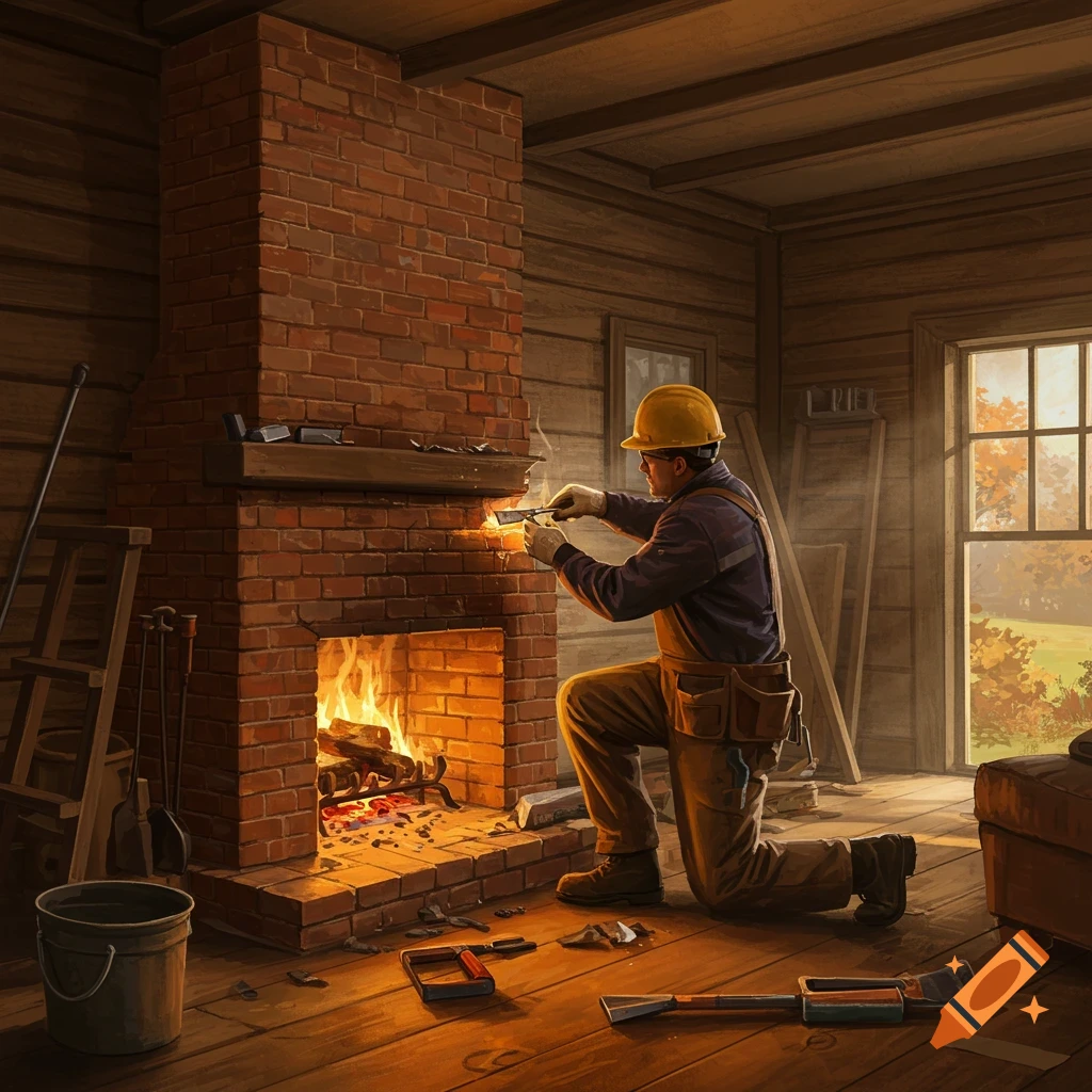 A man wearing a hard hat and gloves repairs a brick fireplace with a fire burning in a rustic room.