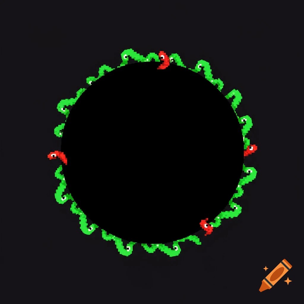 Pixel art of green worms with red heads circling a black void.