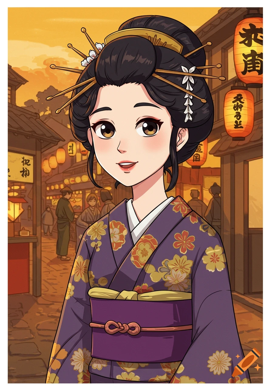 Cartoon portrait of a young woman in a kimono in a Japanese street scene.