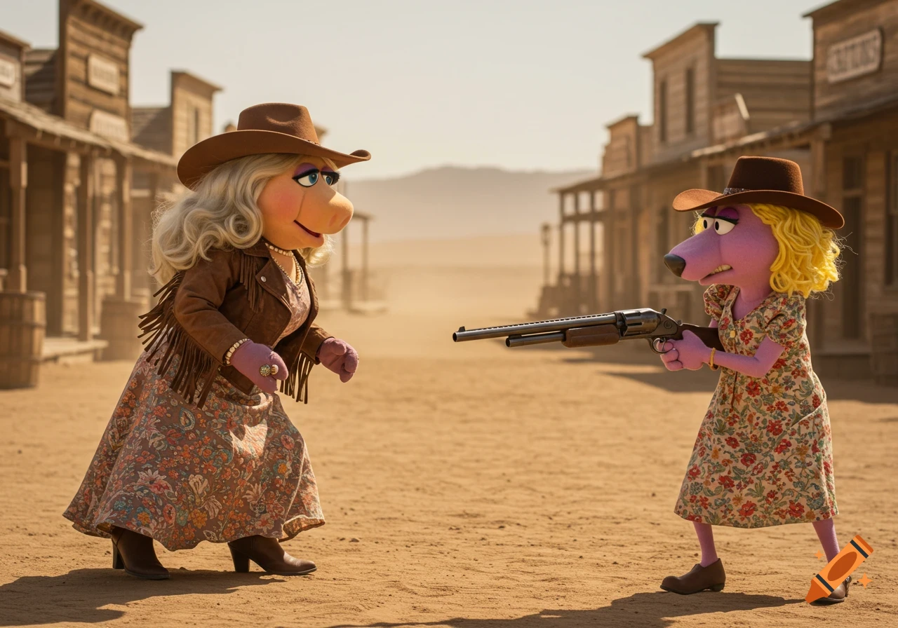 Miss Piggy and Muriel the Dog puppets have a standoff with a shotgun in a dusty Wild West town.