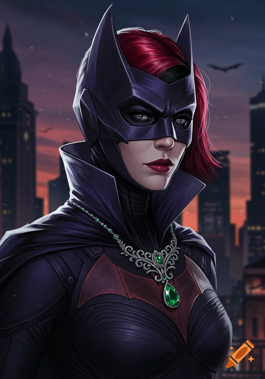 A stylized portrait of Batwoman wearing a mask and a necklace with green gems.