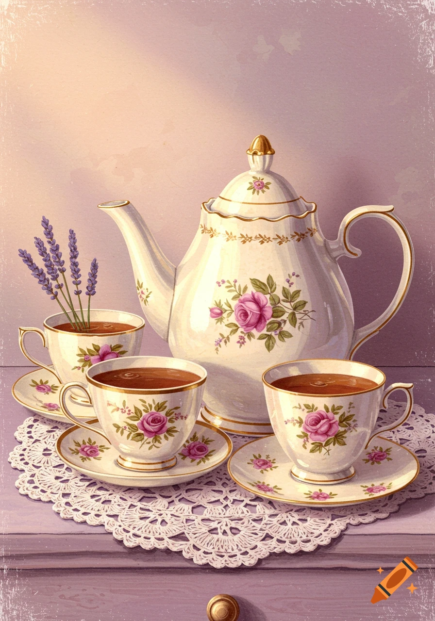 Watercolor painting of a teapot, three teacups, and lavender on a table with a doily.