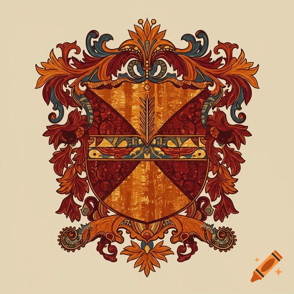 Ornate crest with African print design in warm colors