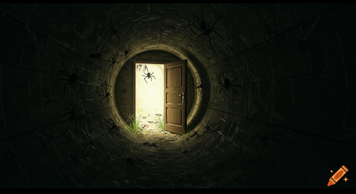Dark tunnel with spiders on walls and ceiling, leading to an open door with light.