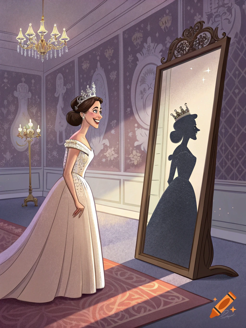 An illustration of a princess in a white dress looking into a mirror, casting a shadowy, crooked figure on the floor.