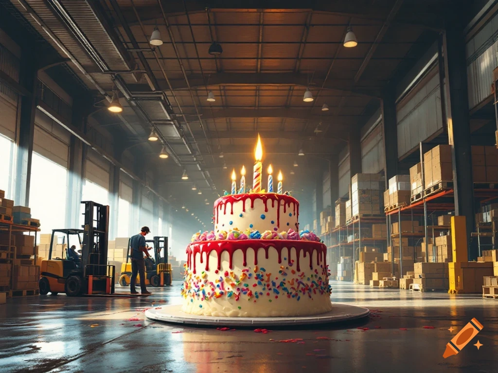 A large decorated birthday cake sits on the floor in the middle of a warehouse with forklifts and stacked boxes in the background.