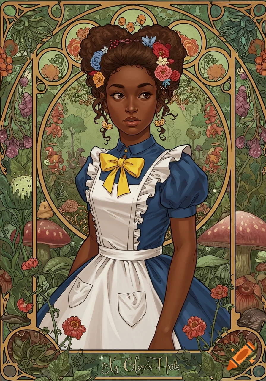 Illustration of a Black woman as Alice in Wonderland in an Art Nouveau floral frame.