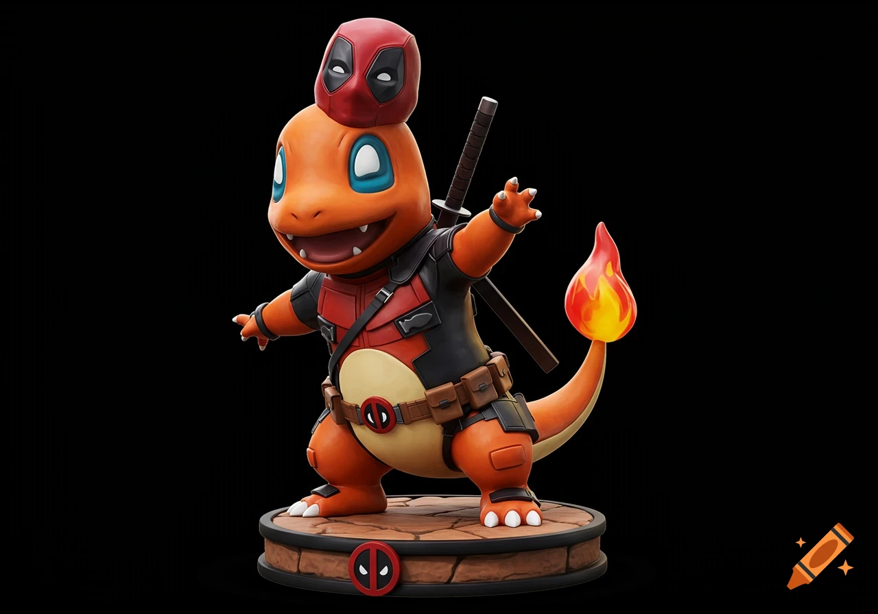 A statue of Charmander wearing a Deadpool costume, standing on a base with the Deadpool logo.