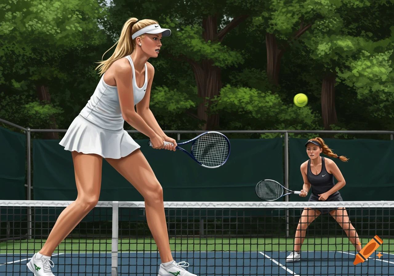Digital painting of two women playing tennis on an outdoor court
