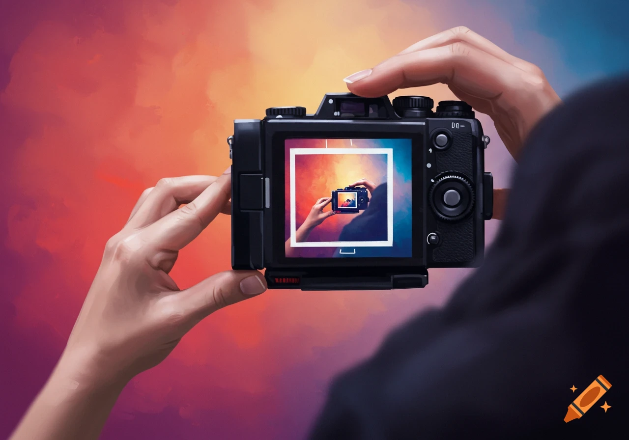 Hands hold camera showing image of hands holding camera on screen against a colorful background.