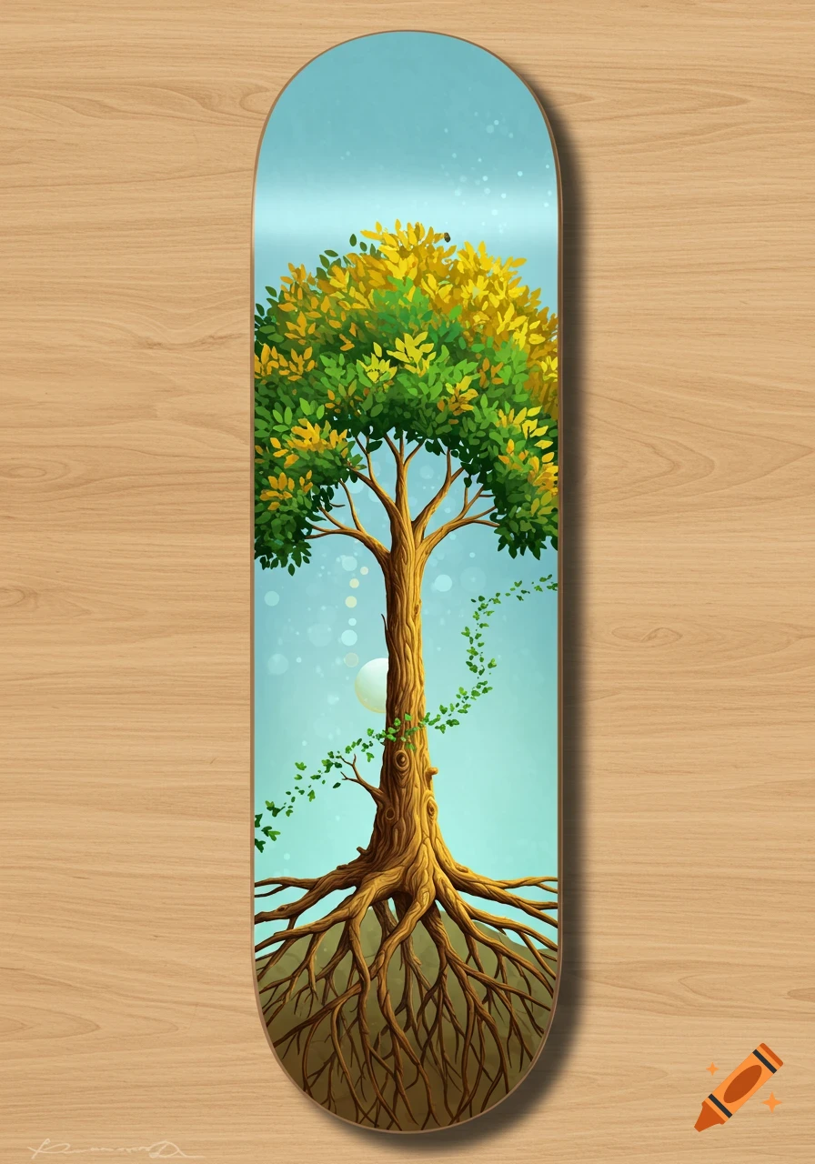 Skateboard deck featuring an illustration of a tree with detailed roots and lush leaves on a sky background.