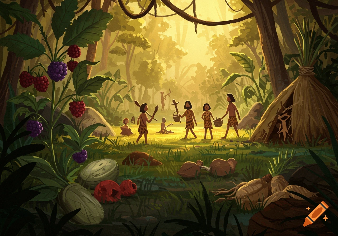 Stylized illustration of hunter-gatherer people gathering berries and roots in a sunny forest clearing with a hut.