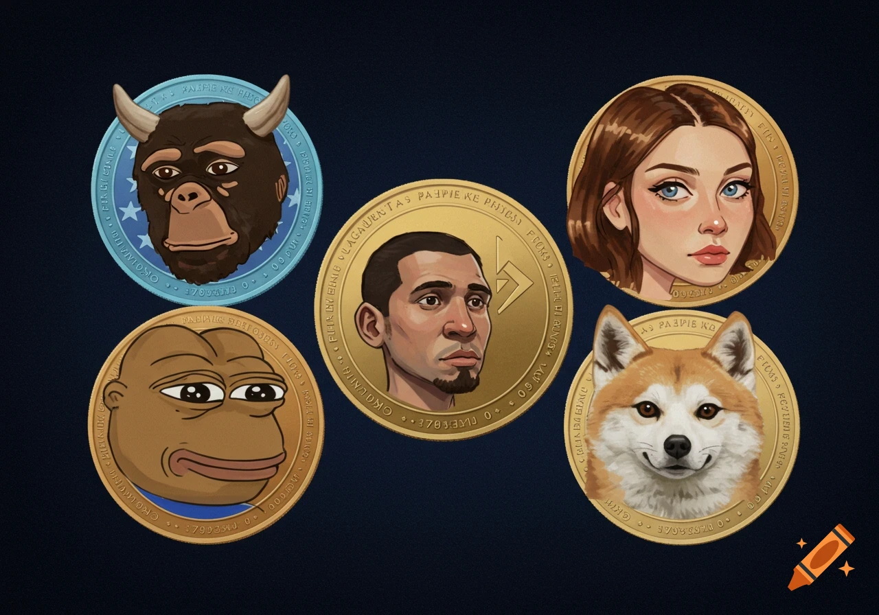 Five illustrated coin-like tokens featuring a bison-like head, a man's portrait, a woman's portrait, Pepe the Frog, and a Shiba Inu dog.