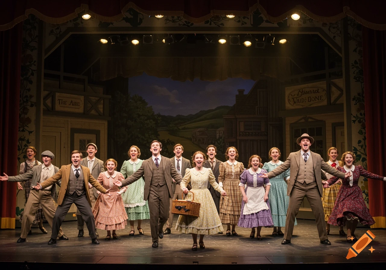 Cast of actors performing a musical on stage with a painted backdrop.