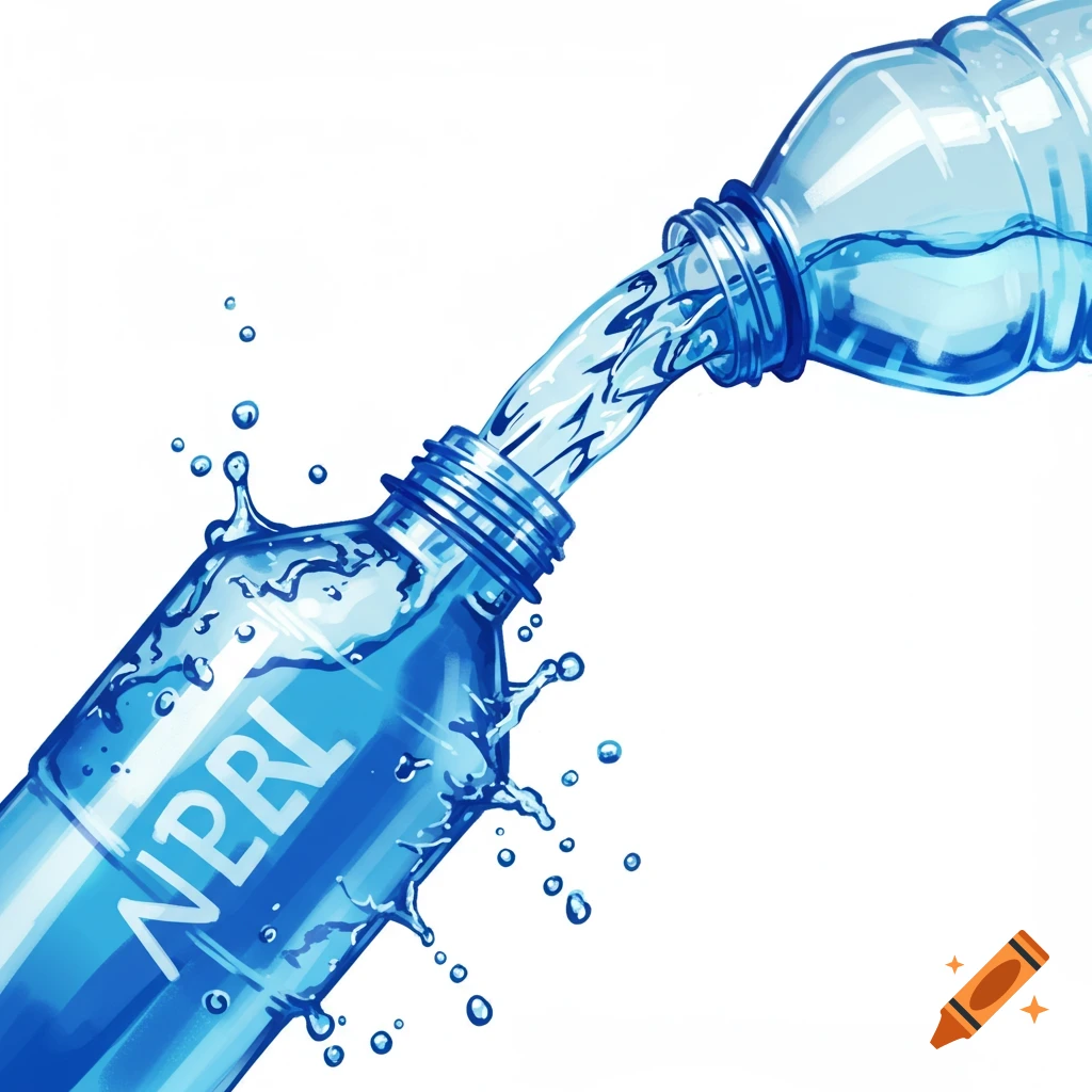 Water being poured from one plastic bottle into another, causing splashes. Illustrated style.