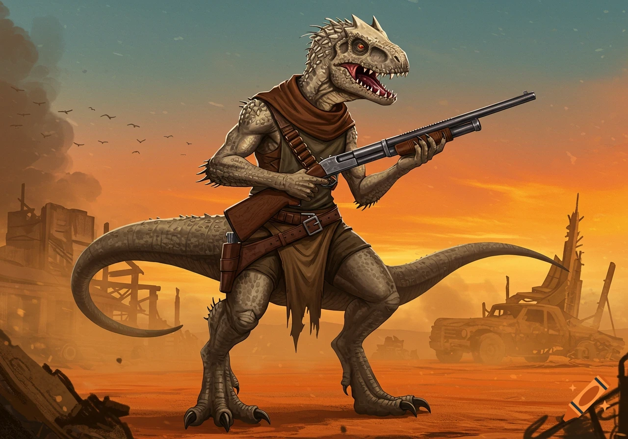 Humanoid dinosaur holding a shotgun in a post-apocalyptic desert landscape at sunset.