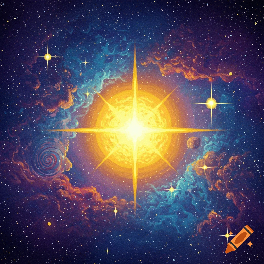 A bright star shines in the center of a nebula cloud in deep space, stylized as 90s celestial art.