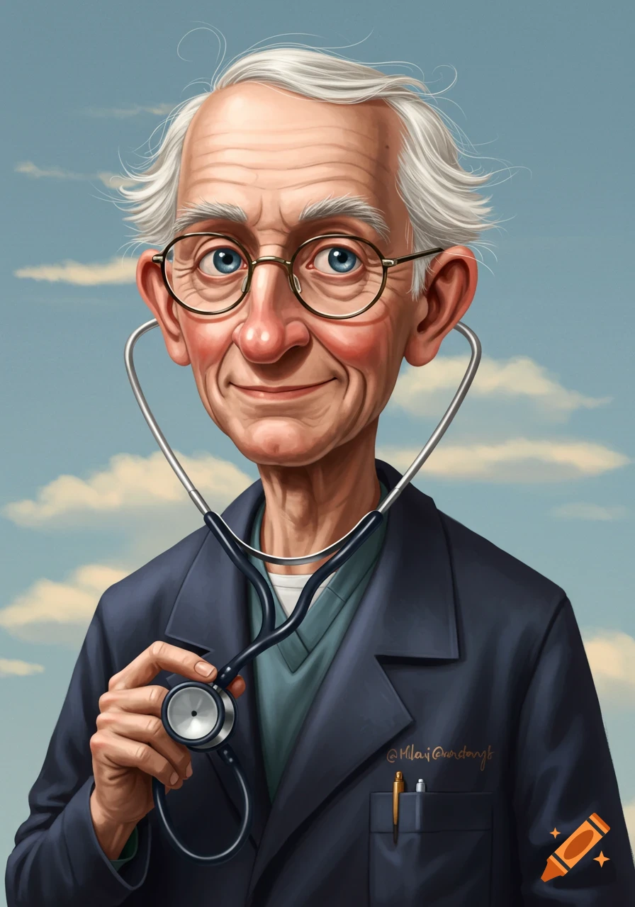 Caricature illustration of a smiling old man doctor with a stethoscope around his neck, against a cloudy sky.