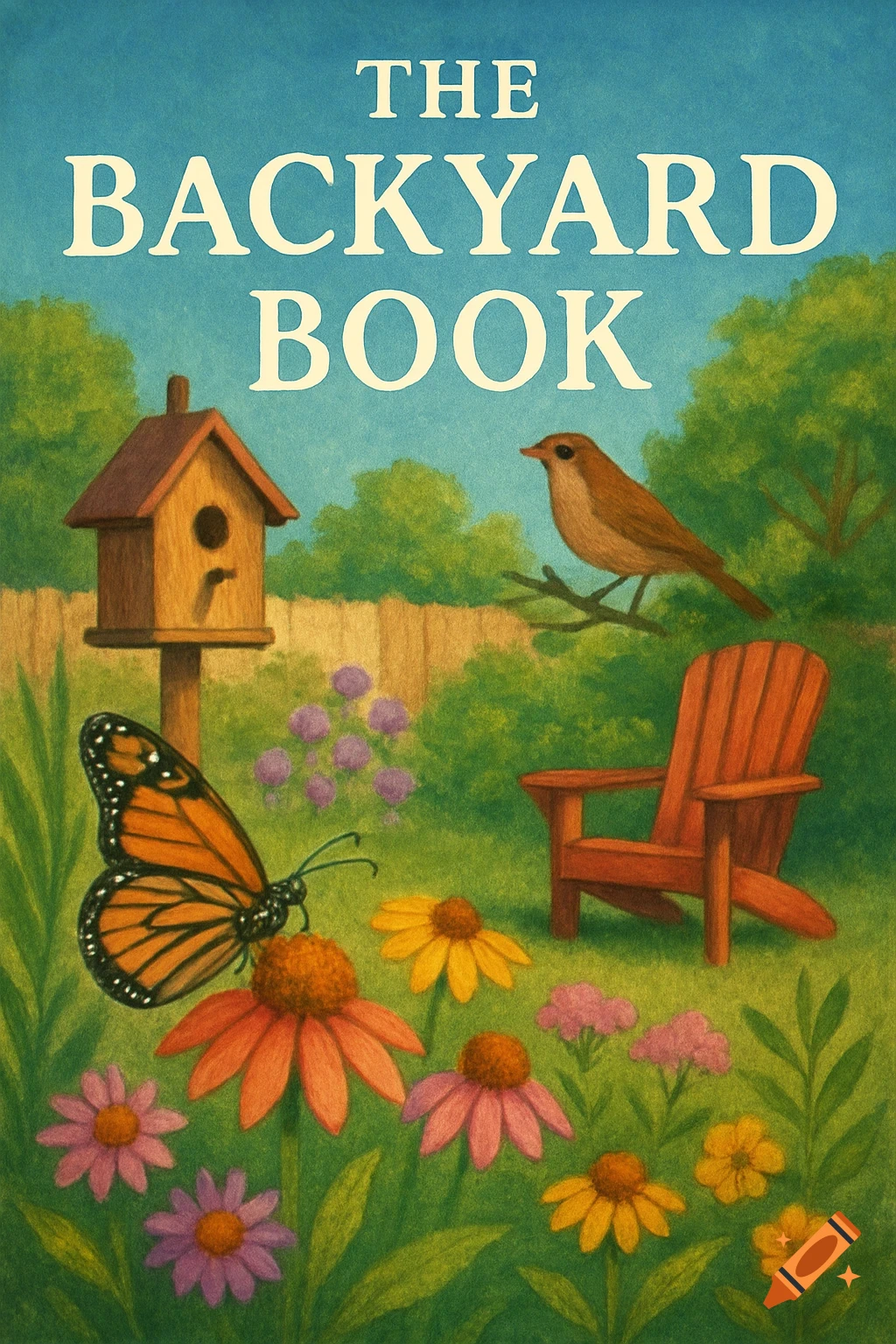 Illustrated book cover showing a backyard with a bird, butterfly, birdhouse, chair, and flowers.