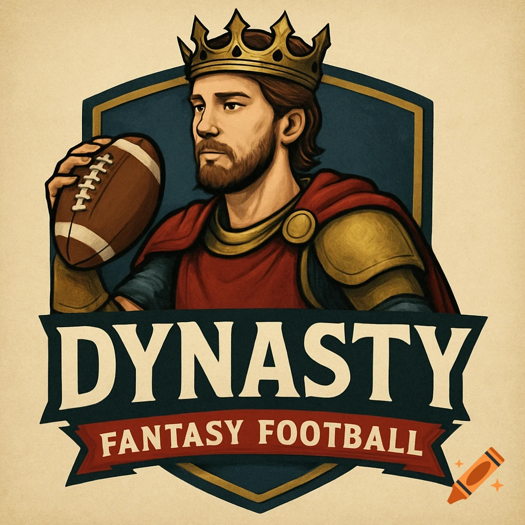 Logo of a crowned figure holding a football with 'DYNASTY FANTASY FOOTBALL' text below.