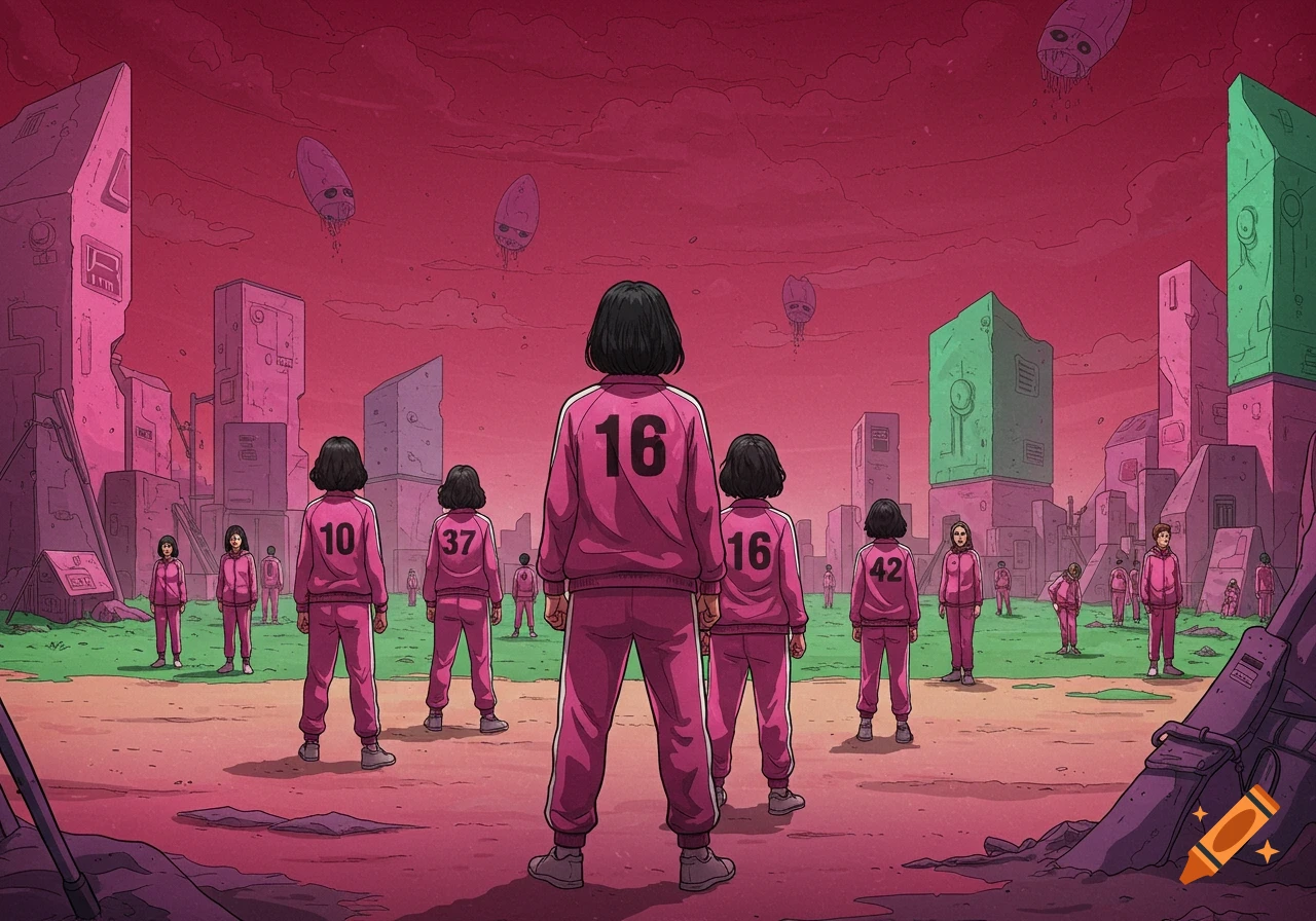 Figures in pink tracksuits with numbers stand in a stylized dystopian landscape with floating creatures.