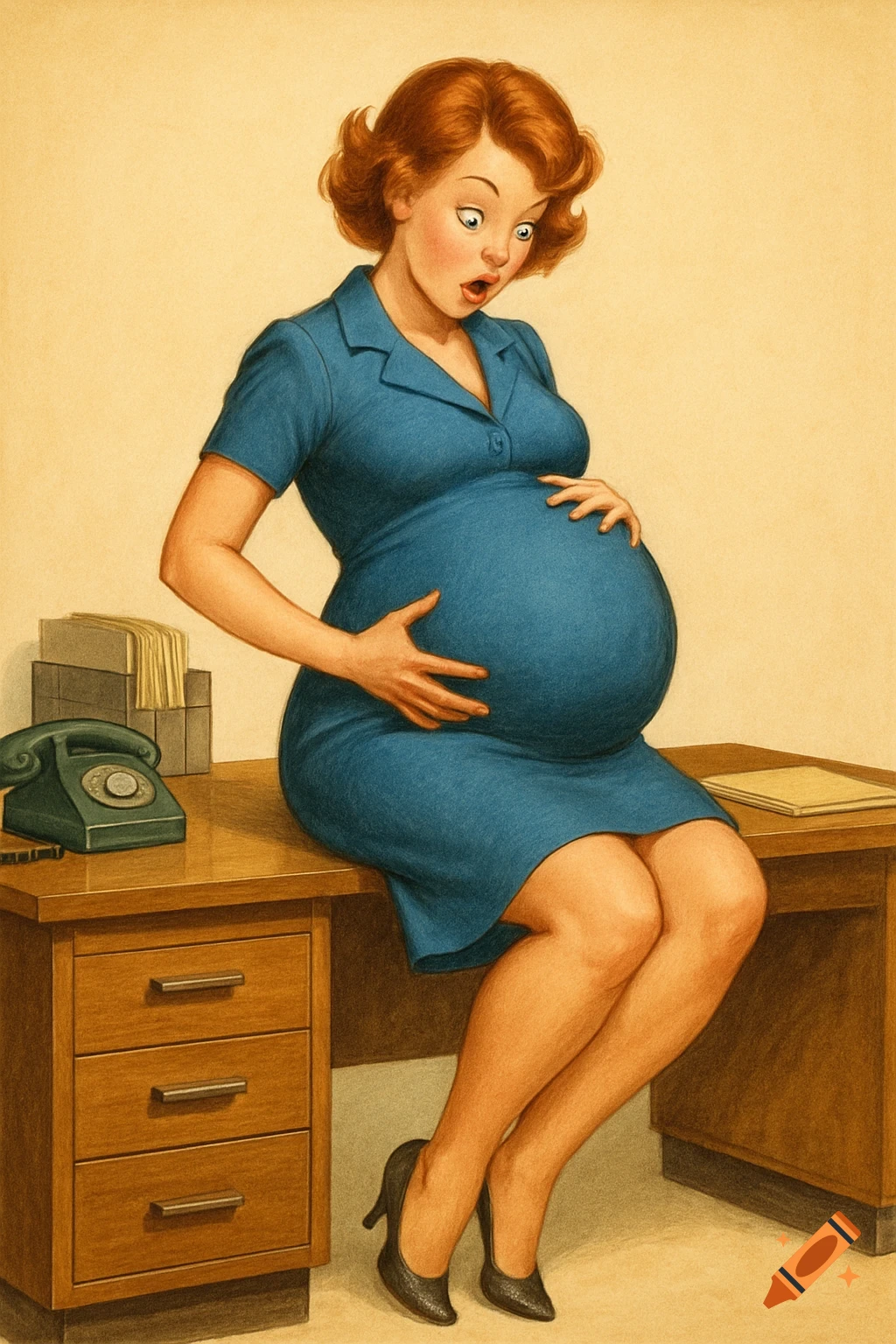 Retro illustration of a pregnant woman sitting on an office desk