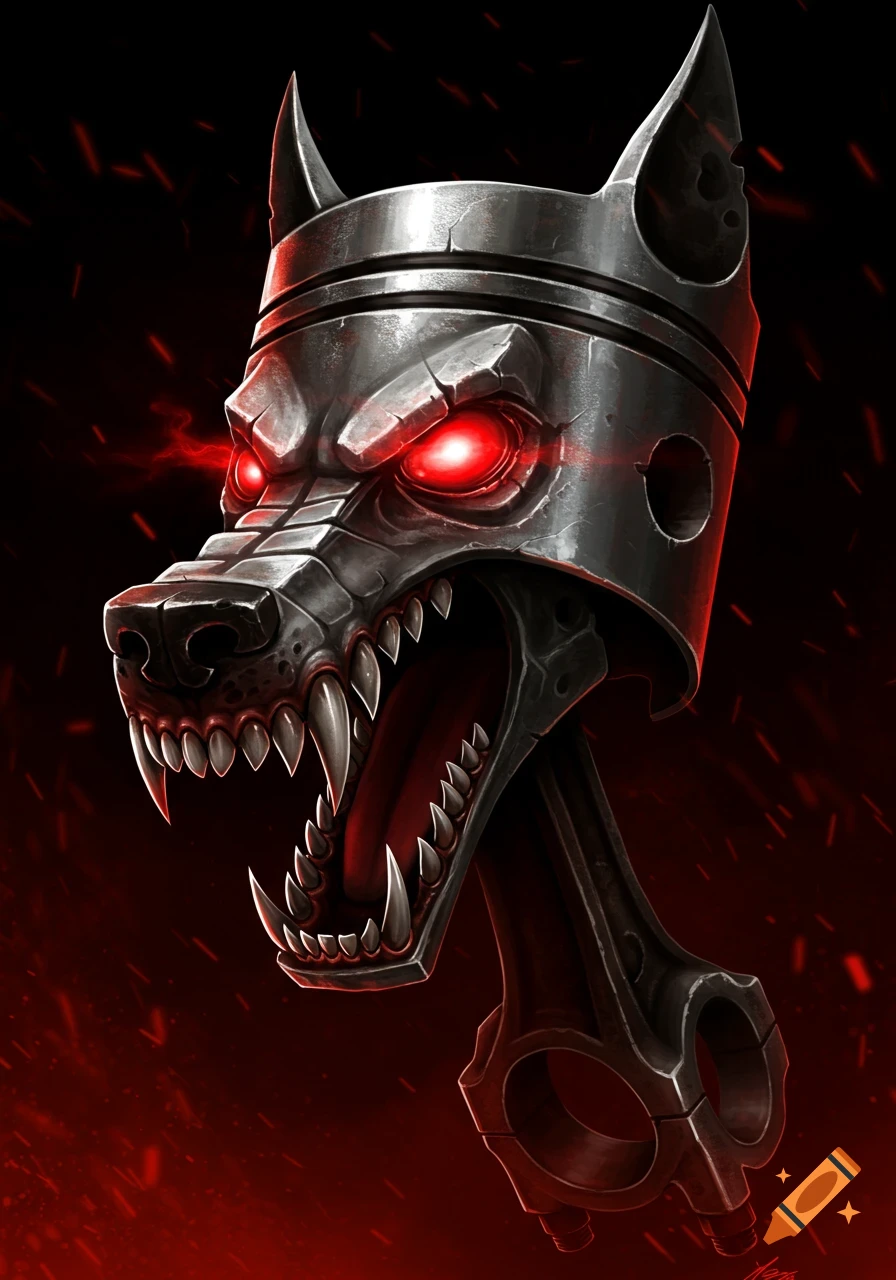 Stylized metal mechanical dog head with glowing red eyes and sharp teeth on a piston rod.