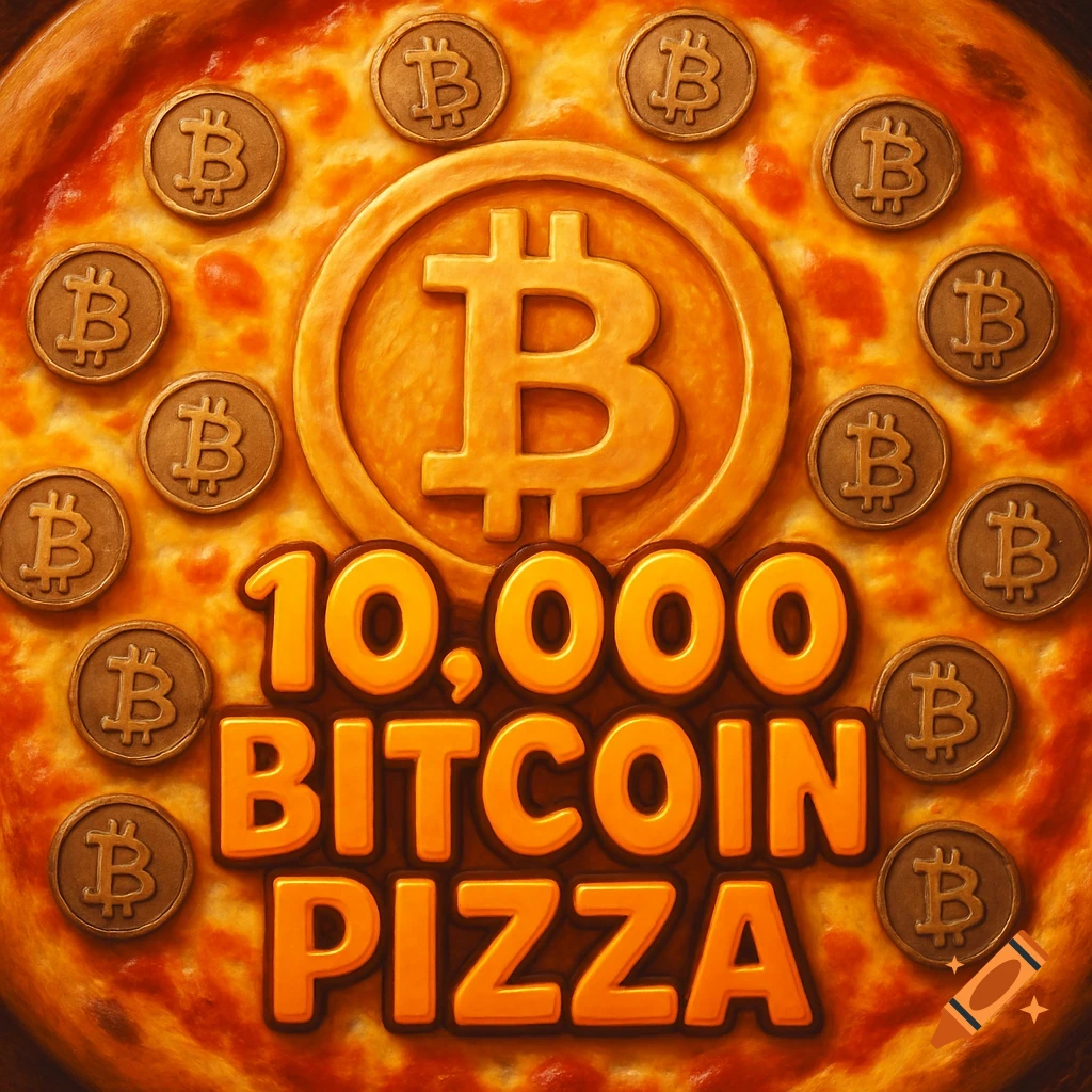 A close-up of a pizza topped with Bitcoin coins, a large central Bitcoin logo, and the text '10,000 Bitcoin Pizza'.