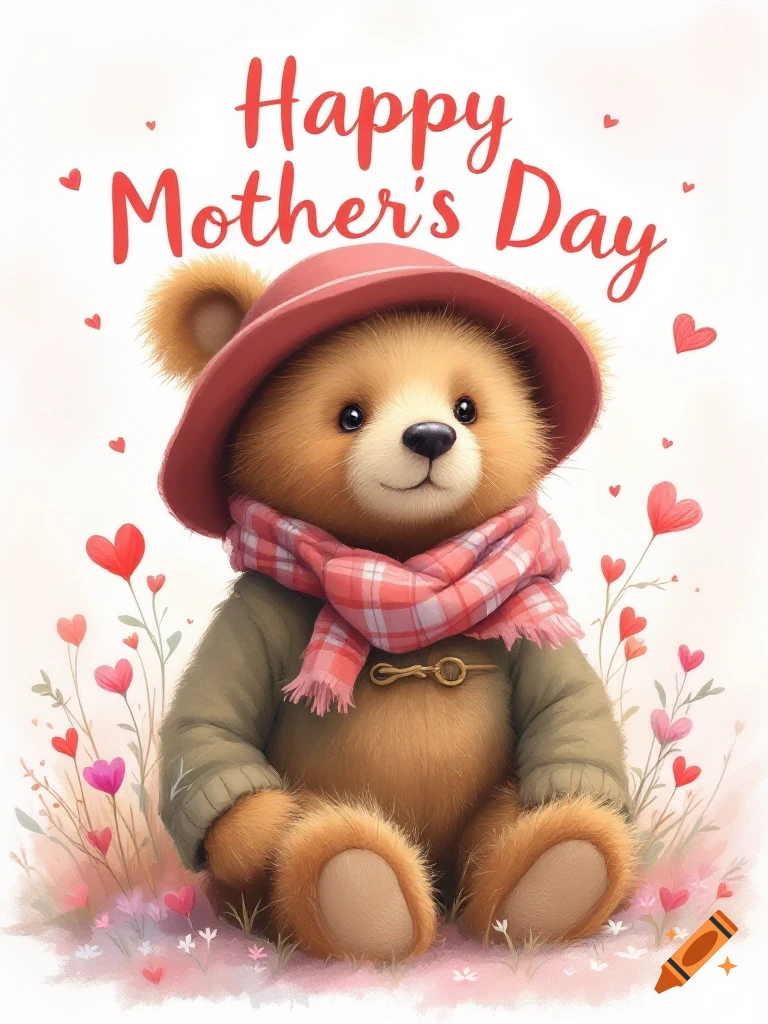 Watercolor illustration of a teddy bear in a hat and scarf sitting in flowers with hearts, reading 'Happy Mother's Day'