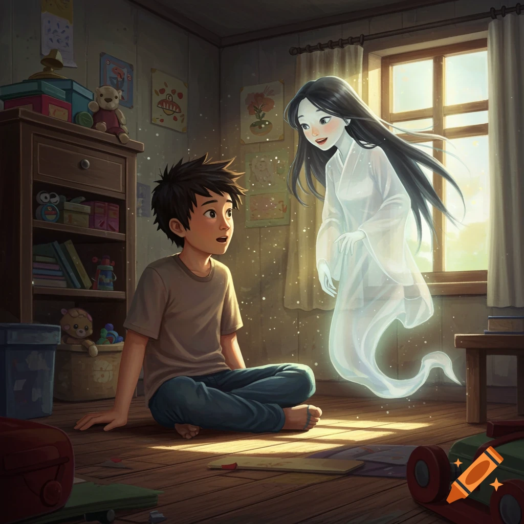 Illustration of an Asian boy sitting on the floor talking to a floating Asian ghost girl in a sunlit room.
