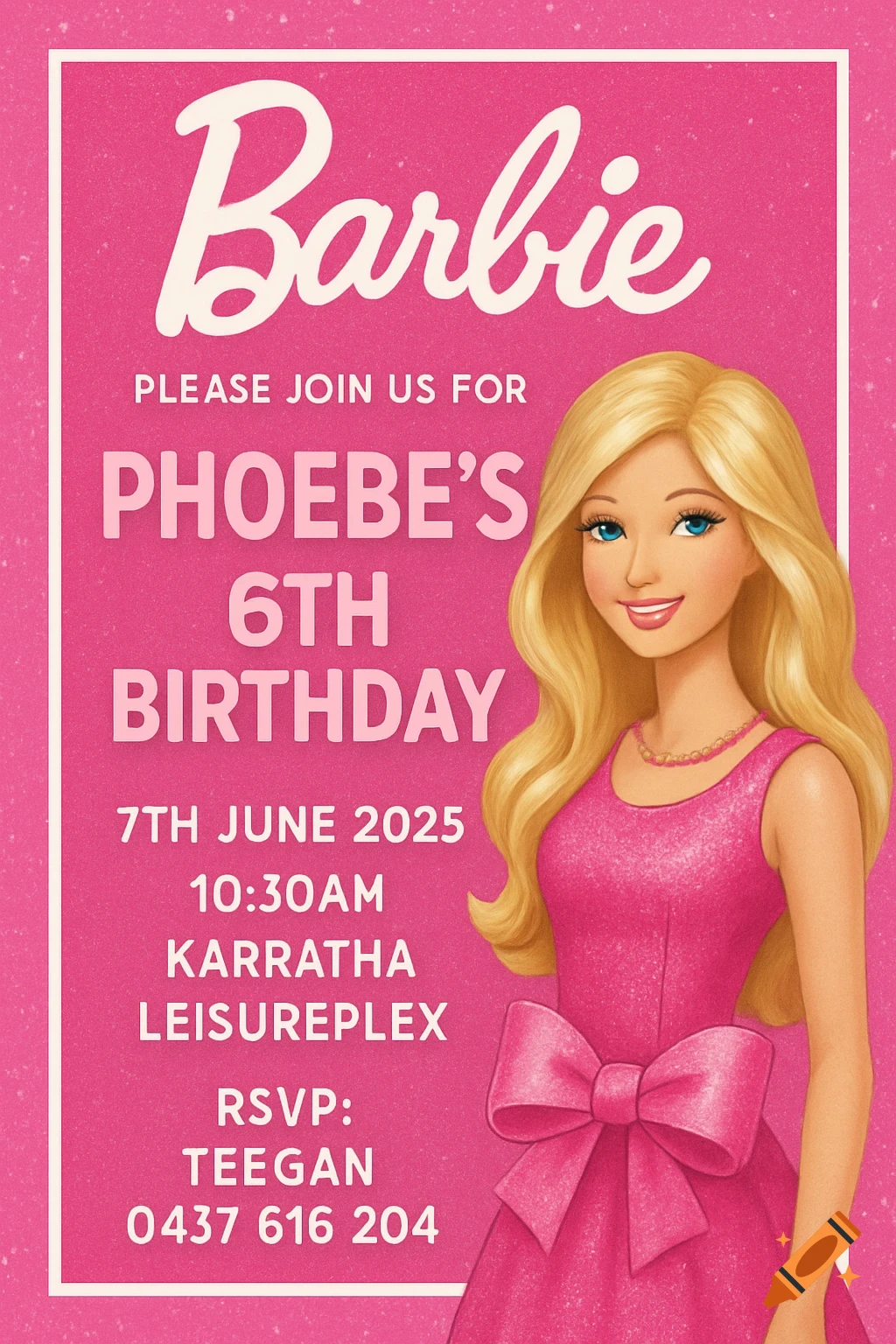 A Barbie-themed birthday invitation with a Barbie illustration and party details.