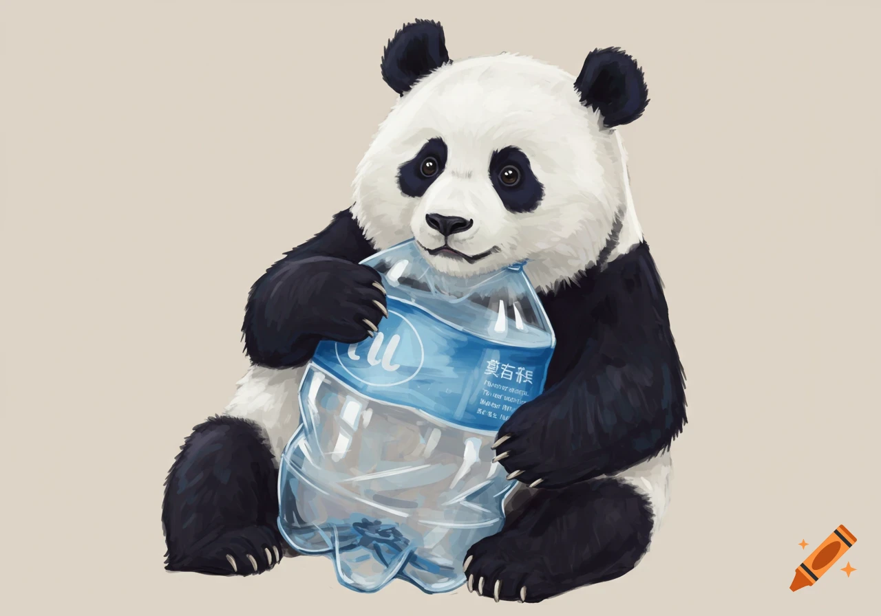 An illustration of a panda sitting and hugging a large plastic water bottle.