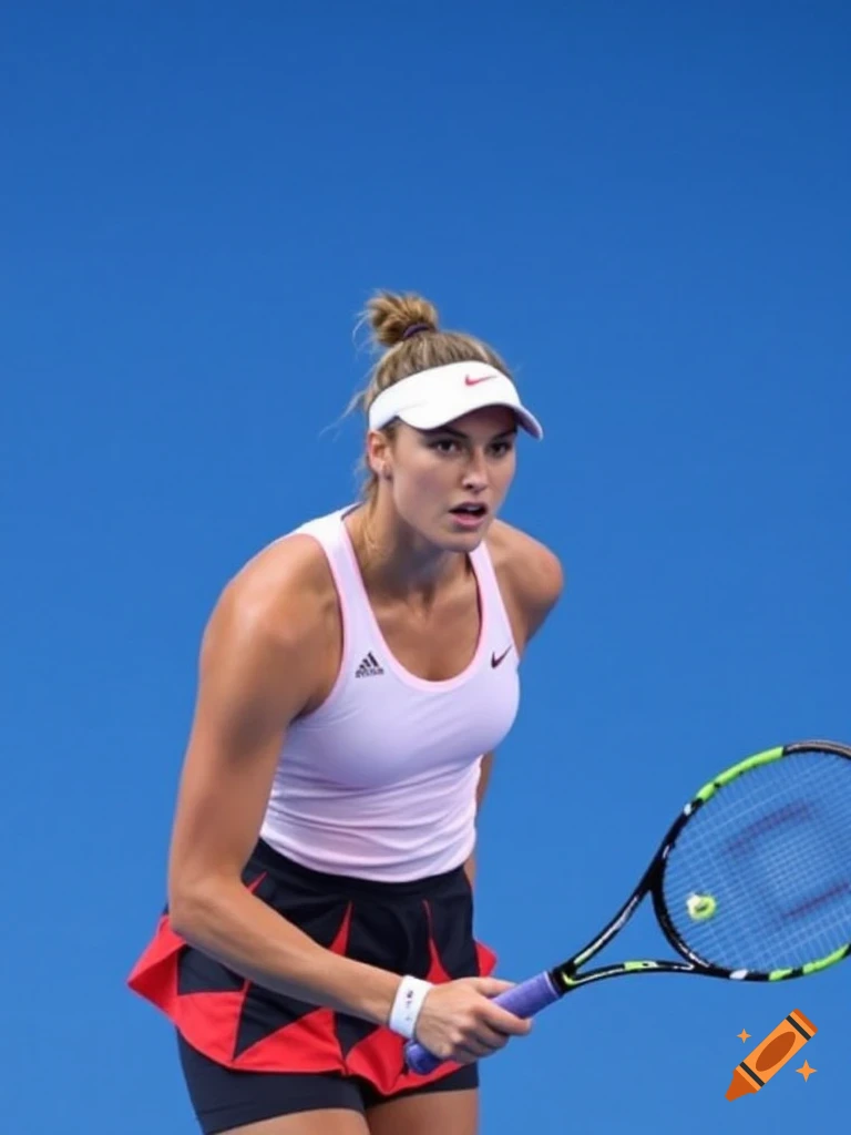 Female tennis player in a white top hits a tennis ball during a match on a blue court background.