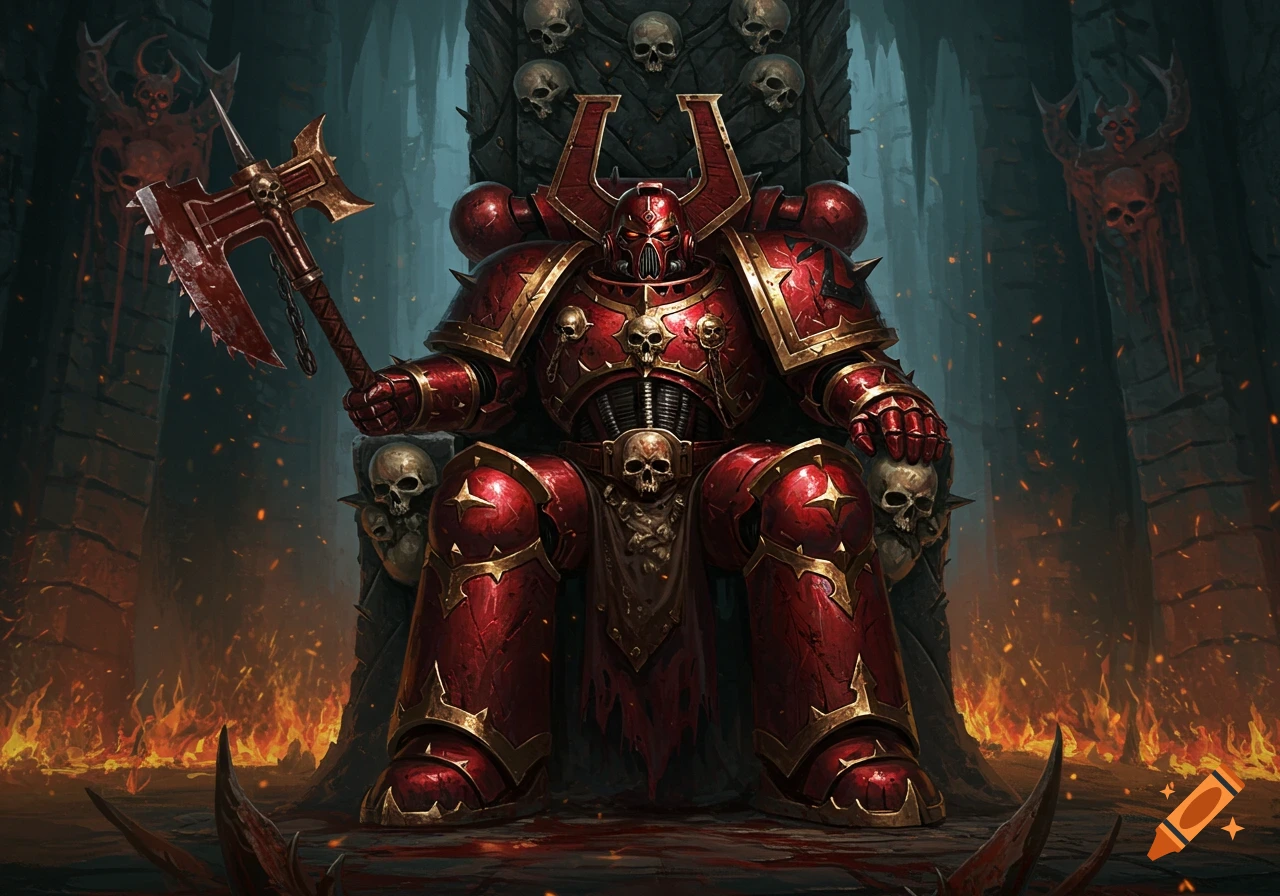 A red-armored Space Marine sits on a skull throne in a dark fortress, holding an axe, with fire below.