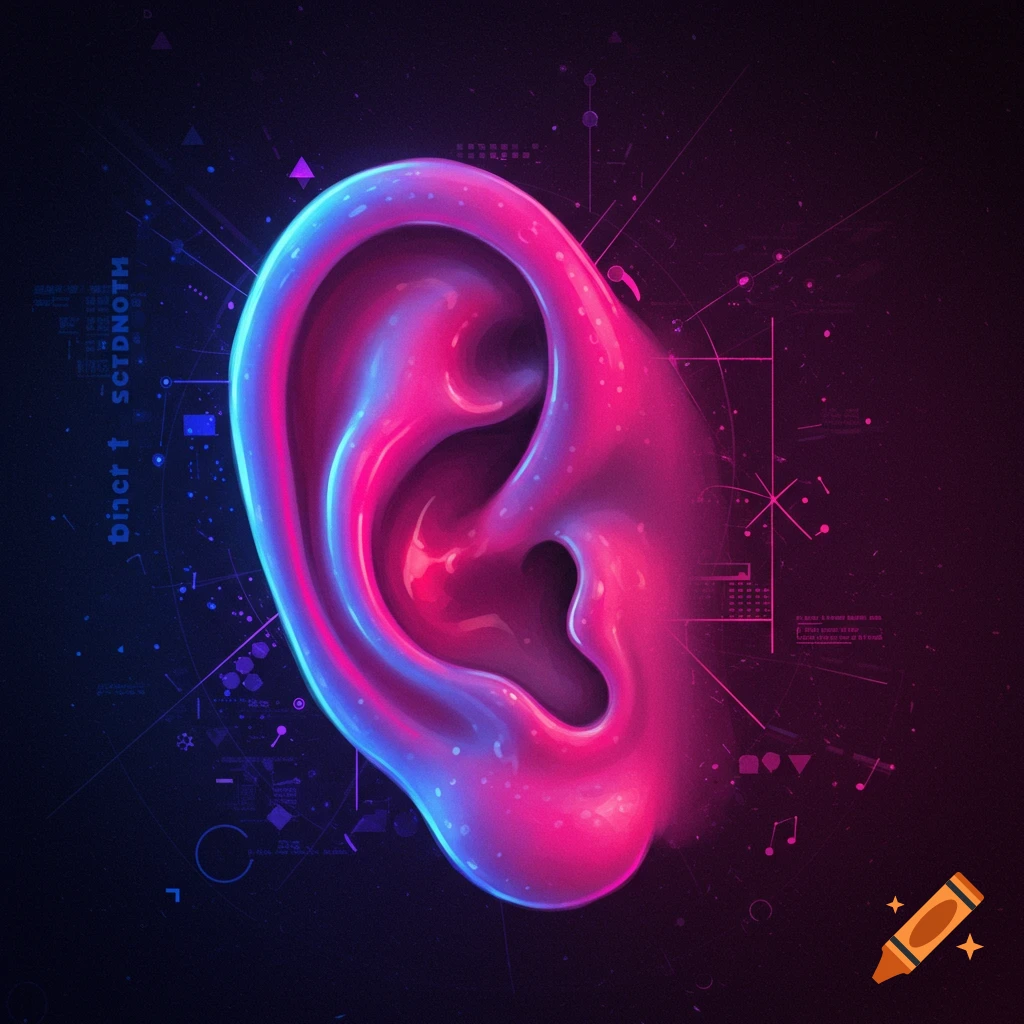 A stylized human ear glowing with neon pink and blue light against a dark background with digital elements.