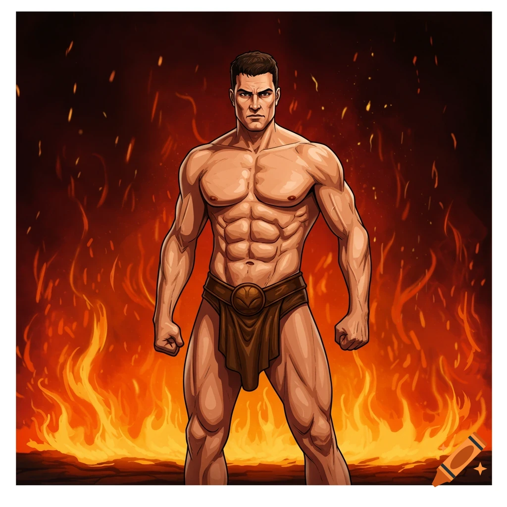 Muscular man in a loincloth stands before flames in a cartoon style.