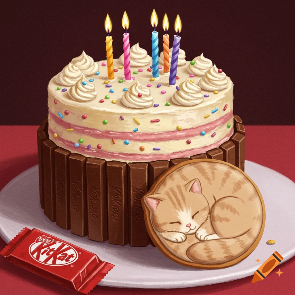 Digital illustration of a birthday cake decorated with Kit Kats, frosting, sprinkles, and candles, with a sleeping cat cookie and a Kit Kat bar.