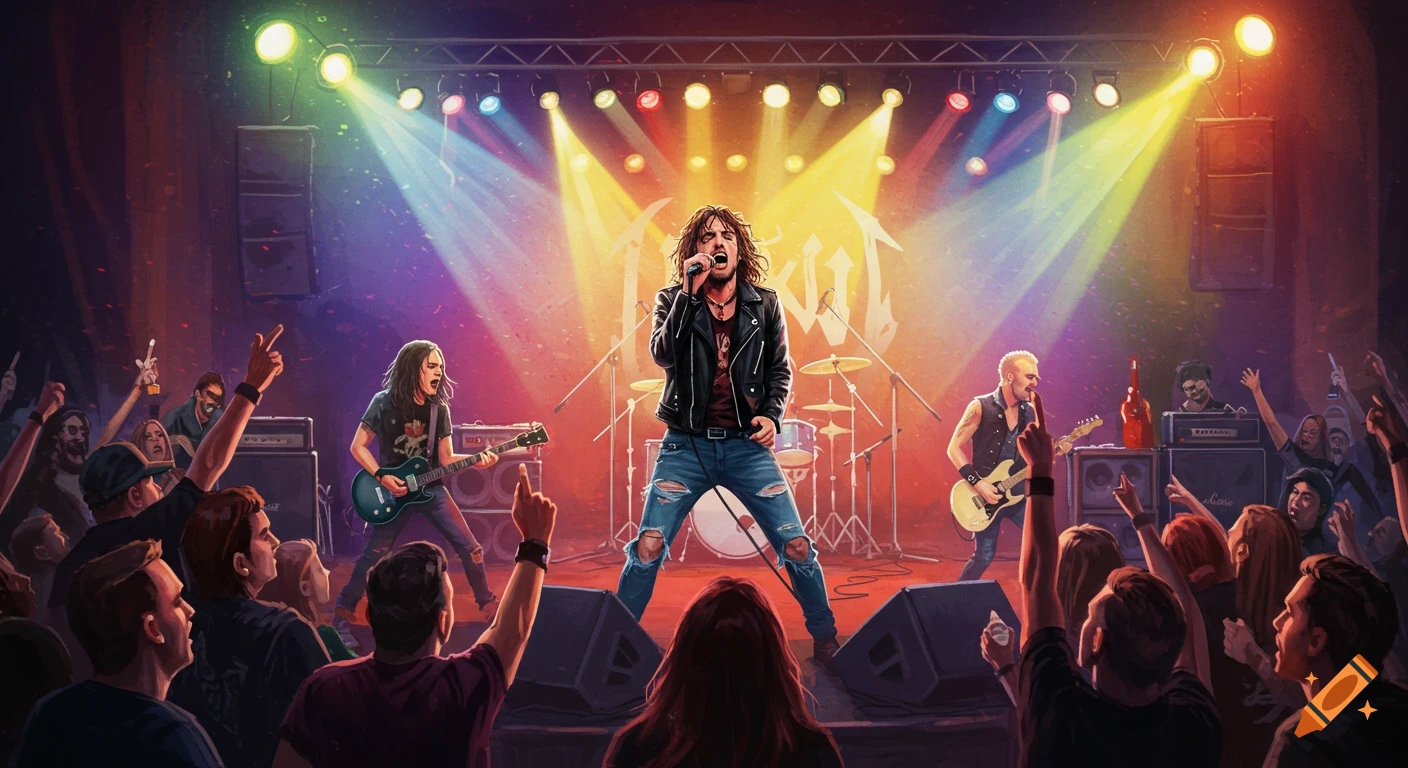 A rock band performs on stage under bright lights with a cheering crowd.