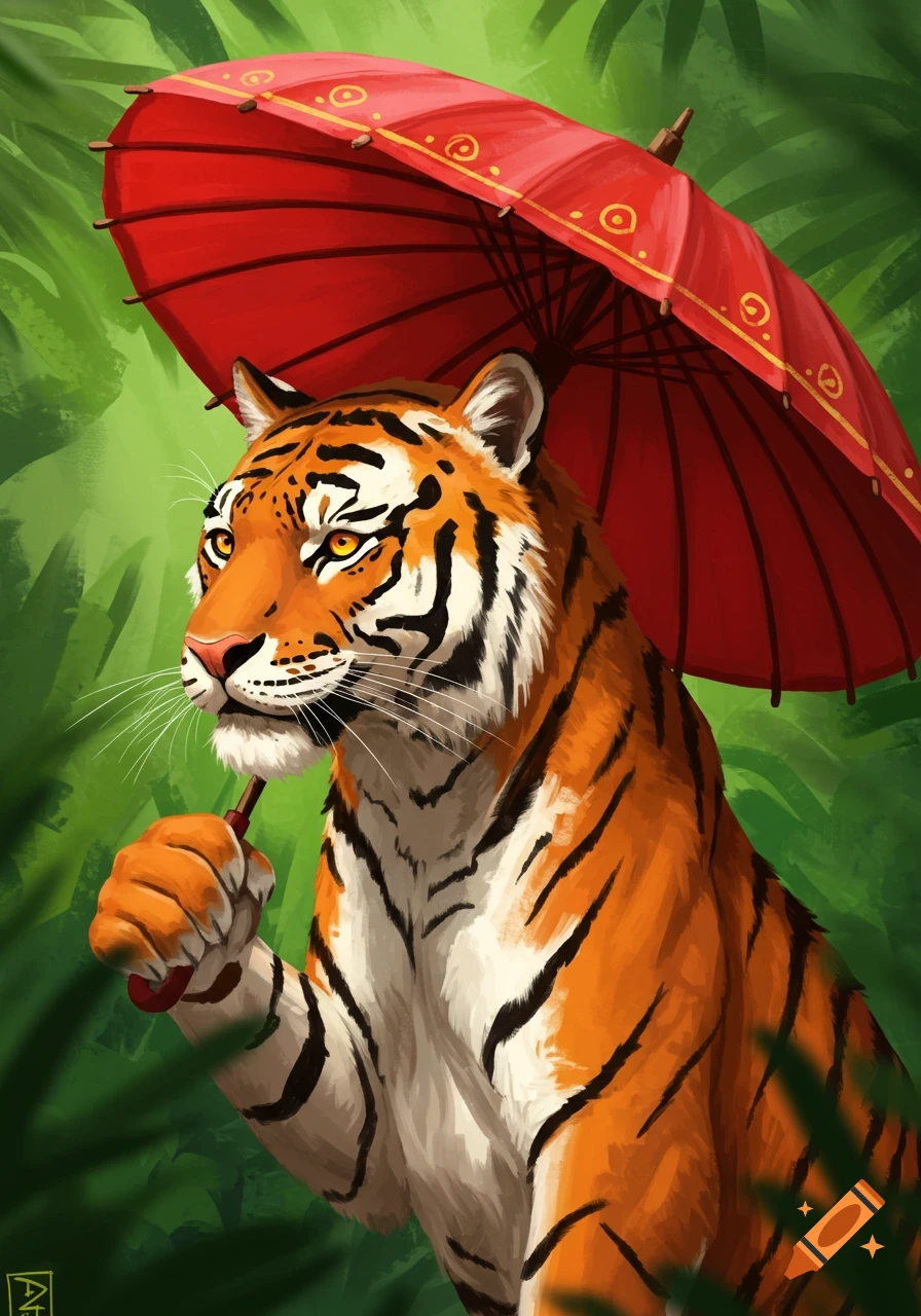 An illustration of a tiger sitting in a jungle holding a red umbrella.