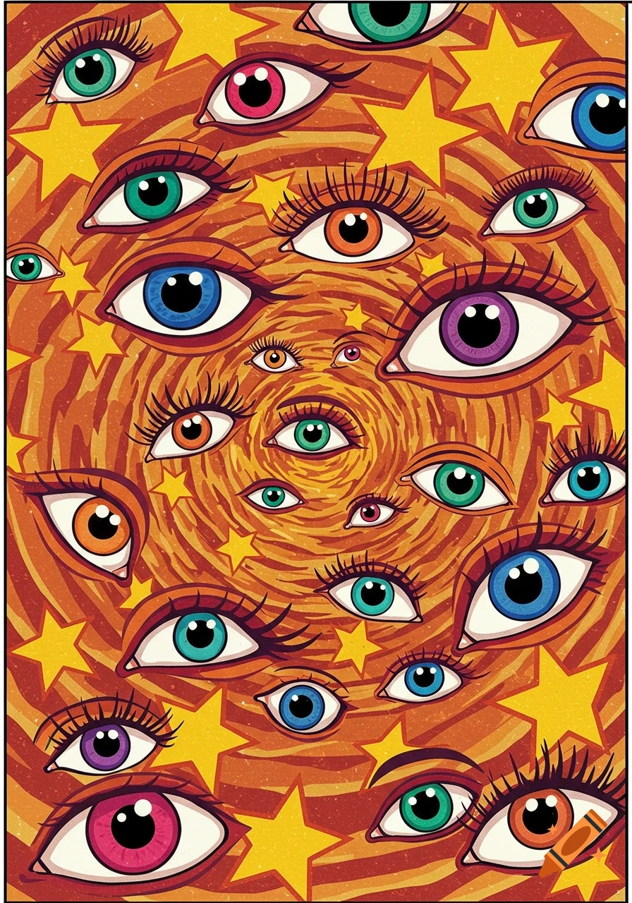 Psychedelic illustration of many eyes in various colors and yellow stars on a swirling background.