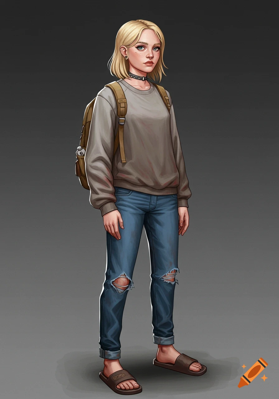 Illustration of a blond girl wearing a sweatshirt, ripped jeans, slides, and a backpack.